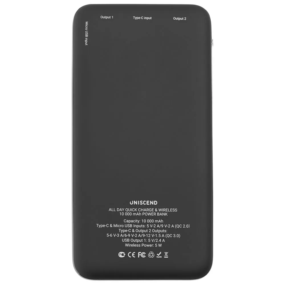 Аккумулятор Quick Charge Wireless 10000 мАч, черный заказать онлайн с вашим дизайном на заказ в Москве и области