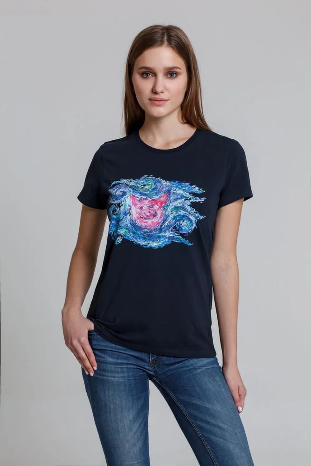 Футболка женская «Ван-Пиг», синий, размер M заказать онлайн с вашим дизайном на заказ в Москве и области