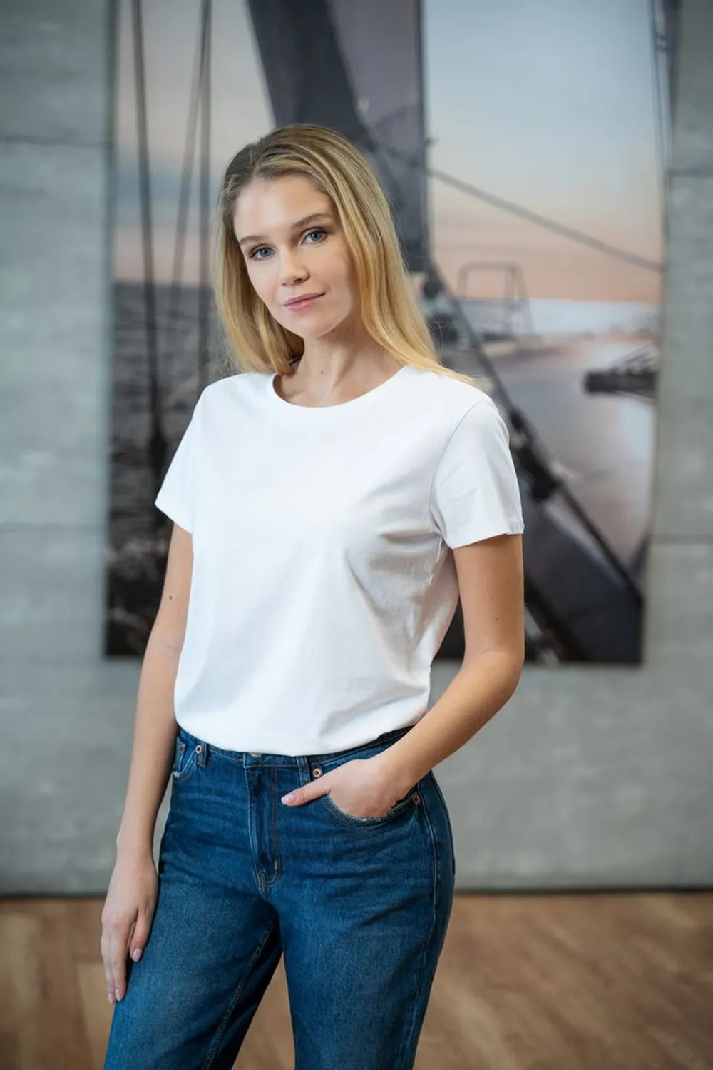 Футболка женская Ladies American U синяя, размер XL заказать онлайн с вашим дизайном на заказ в Москве и области