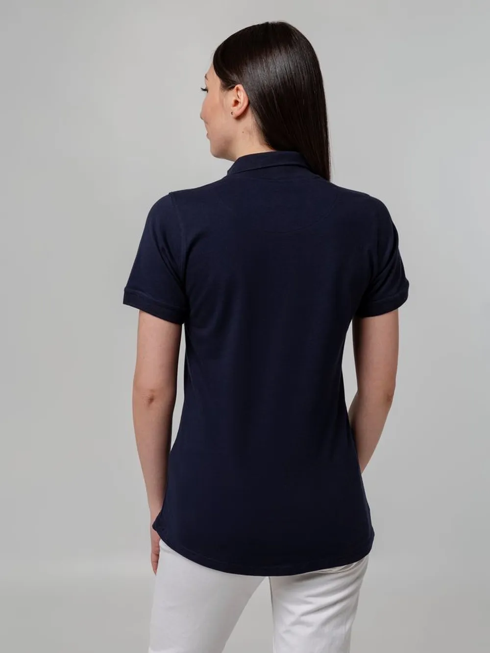 Рубашка поло женская Virma Stretch Lady, темно-синяя заказать онлайн с вашим дизайном на заказ в Москве и области
