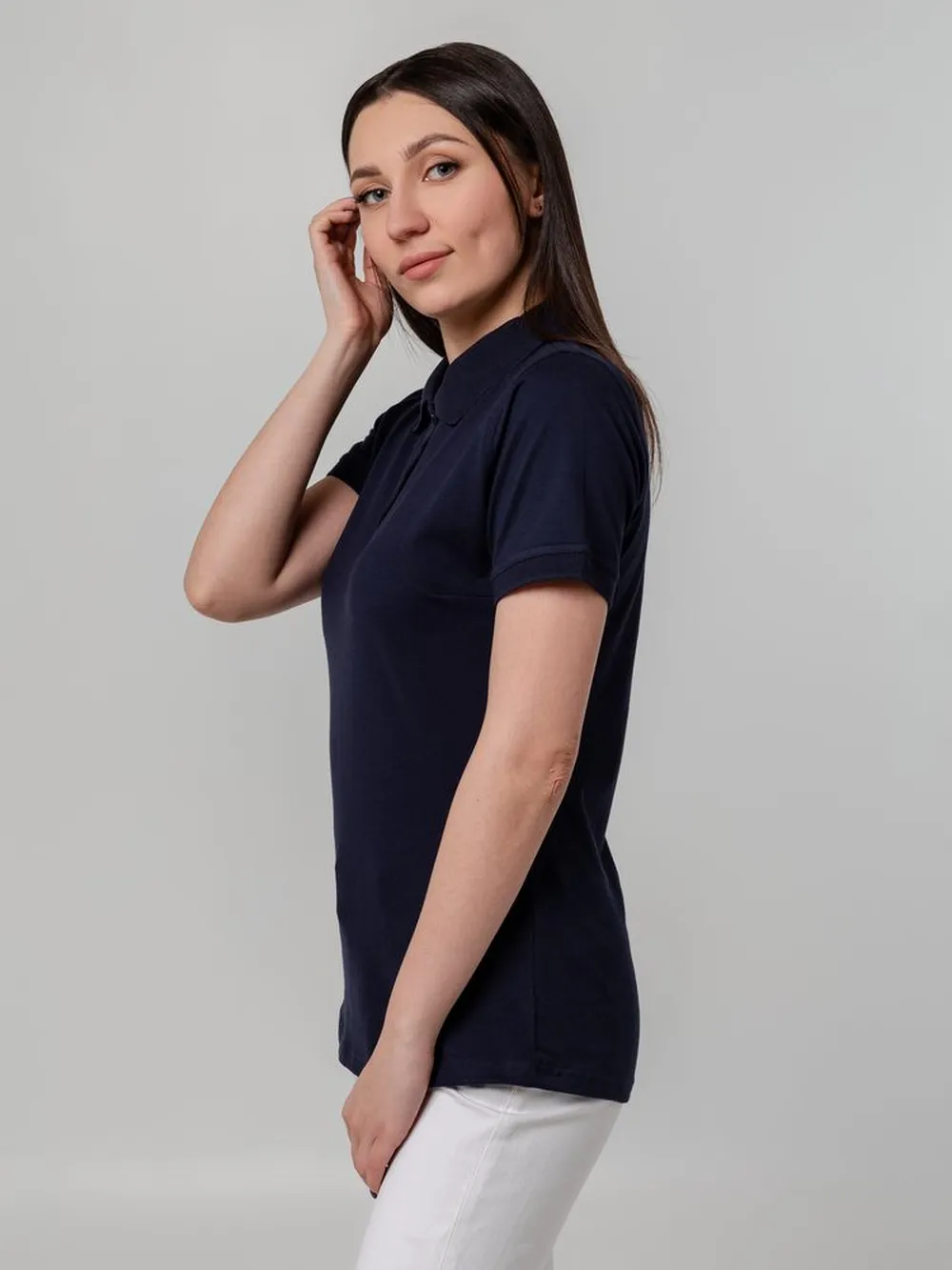 Рубашка поло женская Virma Stretch Lady, темно-синяя заказать онлайн с вашим дизайном на заказ в Москве и области