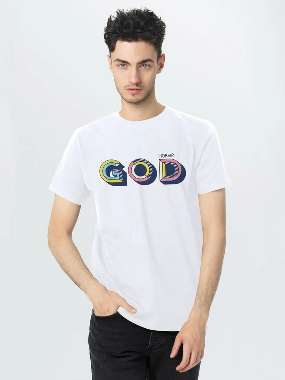 Футболка мужская «Новый GOD», белая, размер L заказать онлайн с вашим дизайном на заказ в Москве и области