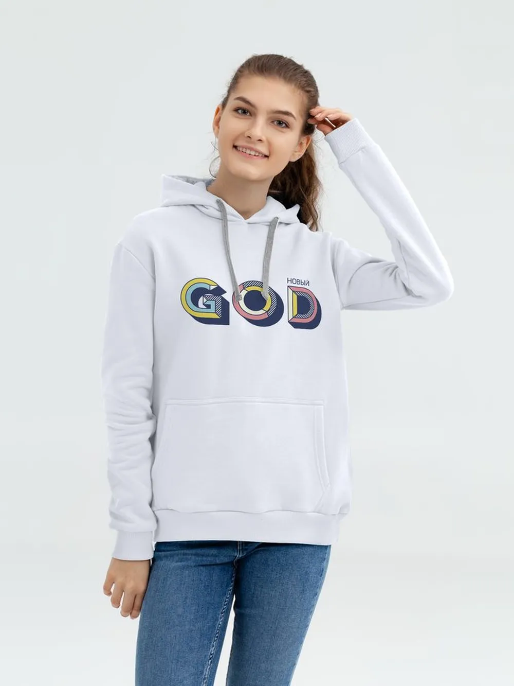 Толстовка с капюшоном «Новый GOD», белая, размер M заказать онлайн с вашим дизайном на заказ в Москве и области