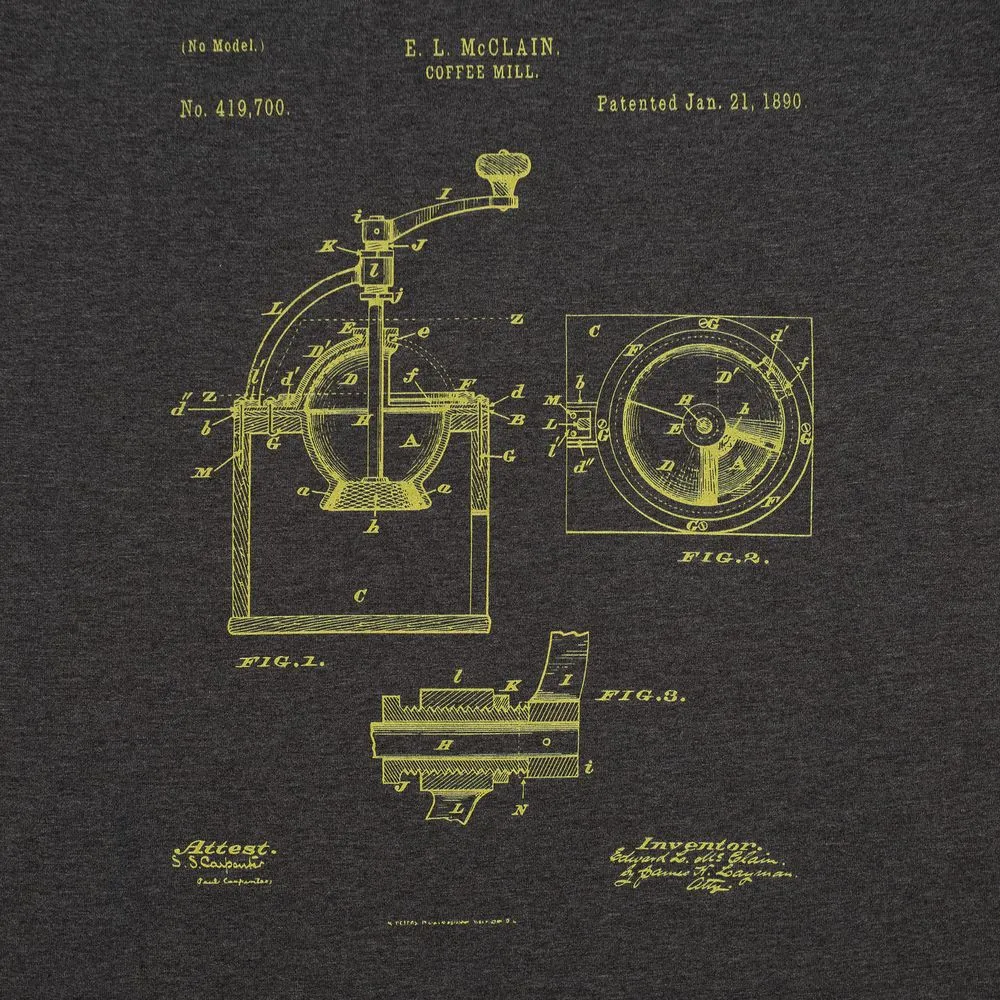 Футболка приталенная Old Patents. Coffee Mill, черный меланж заказать онлайн с вашим дизайном на заказ в Москве и области