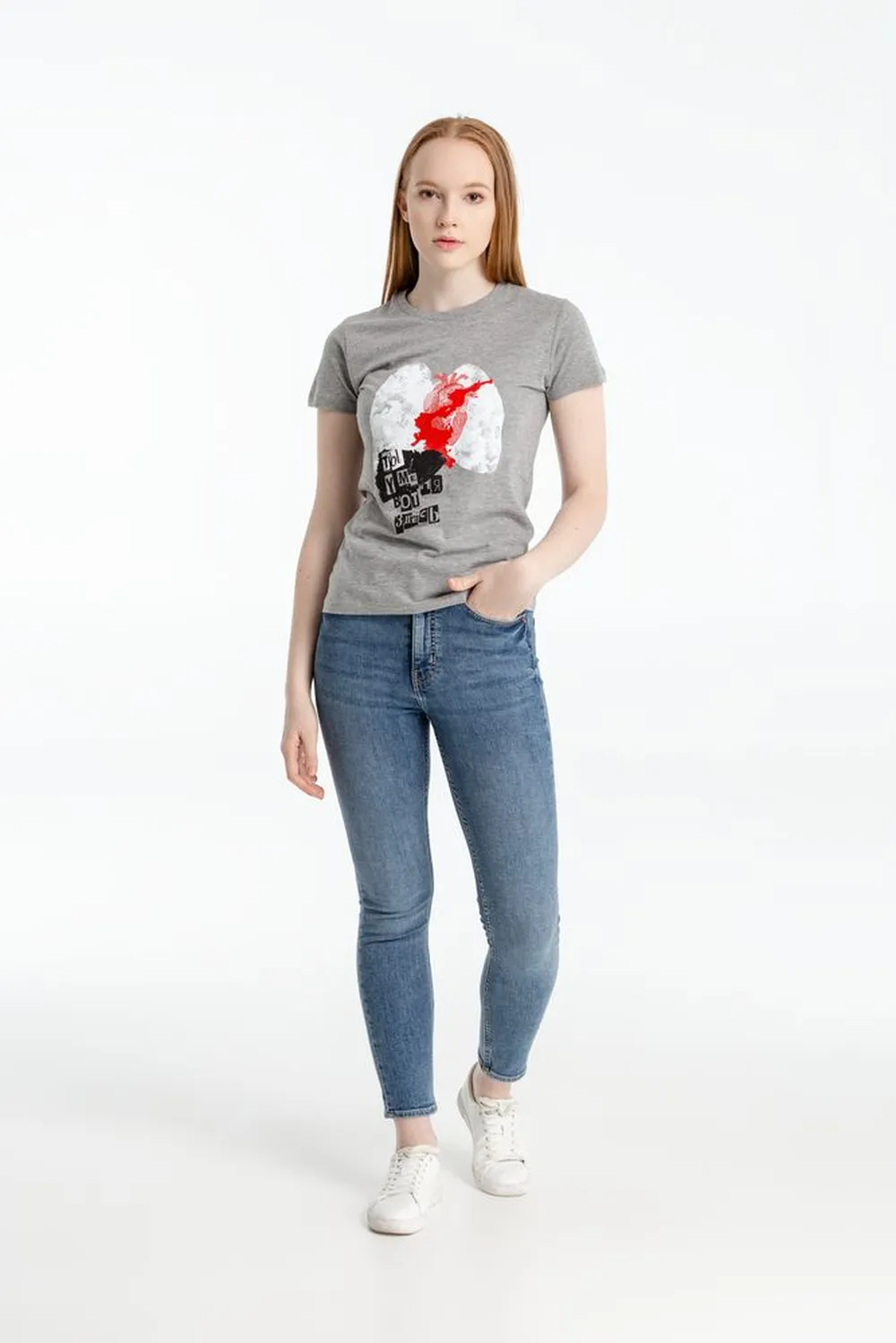 Футболка женская «Ты у меня вот здесь», серый меланж, размер L заказать онлайн с вашим дизайном на заказ в Москве и области