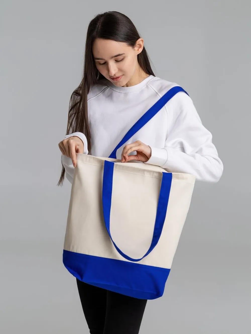 Сумка для покупок на молнии Shopaholic Zip, неокрашенная с синим заказать онлайн с вашим дизайном на заказ в Москве и области