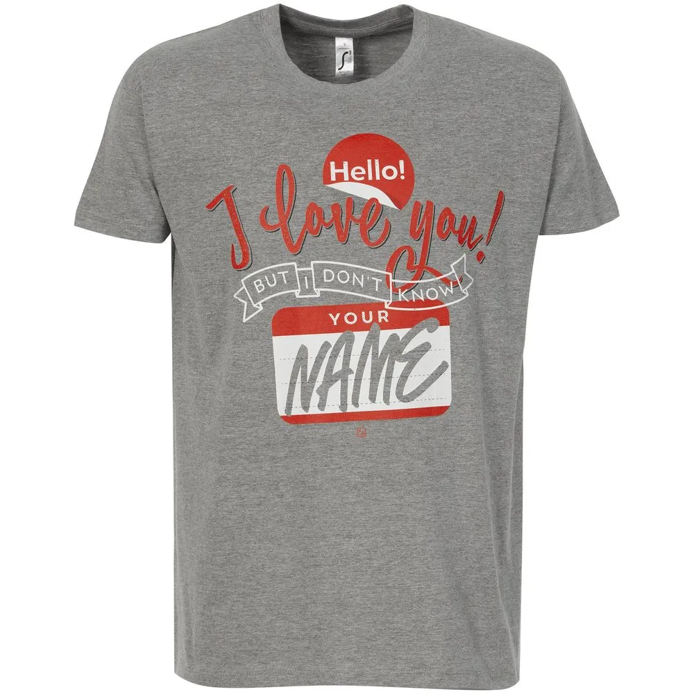 Футболка Hello! I Love You!, серый меланж, размер S заказать онлайн с вашим дизайном на заказ в Москве и области