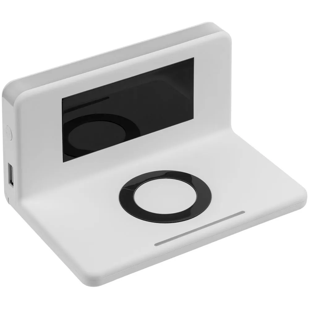 Часы настольные с беспроводным зарядным устройством Pitstop, белые заказать онлайн с вашим дизайном на заказ в Москве и области