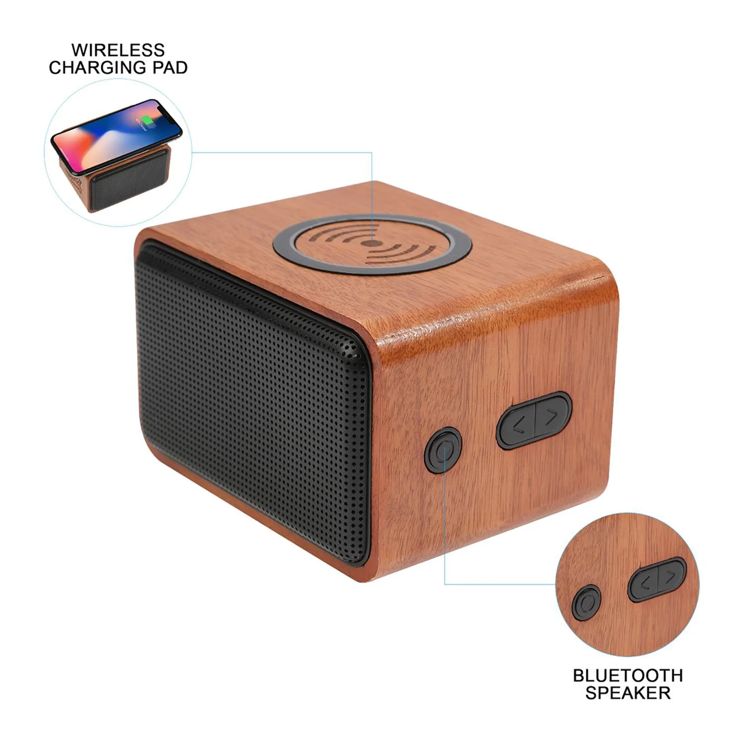 Деревянная Bluetooth колонка с беспроводной зарядкой заказать онлайн с вашим дизайном на заказ в Москве и области
