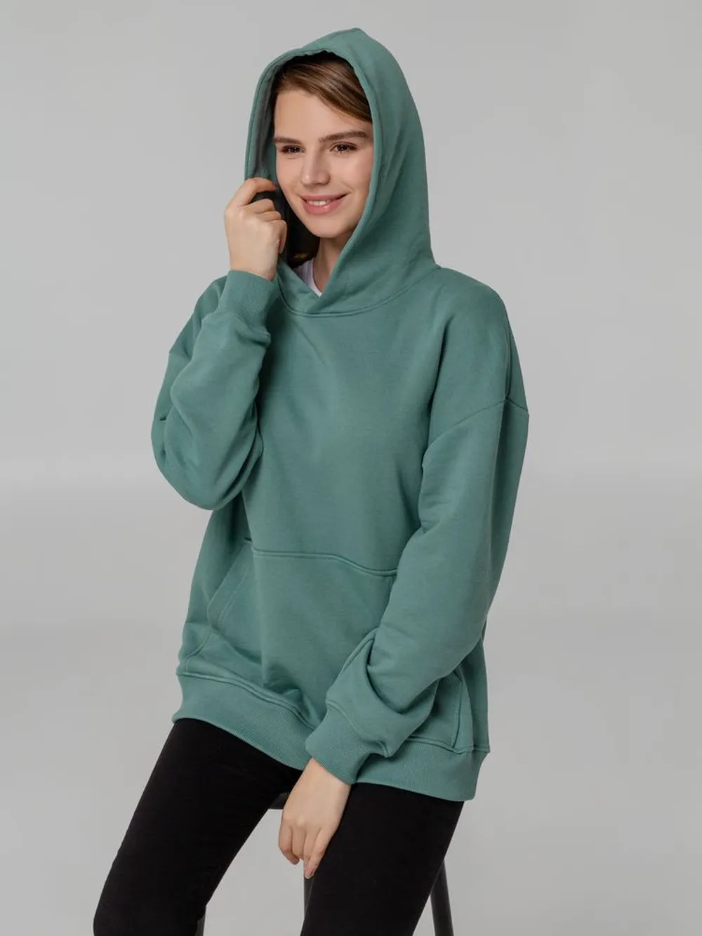 Худи оверсайз Kulonga Comfort, серо-зеленое, размер XS/S заказать онлайн с вашим дизайном на заказ в Москве и области