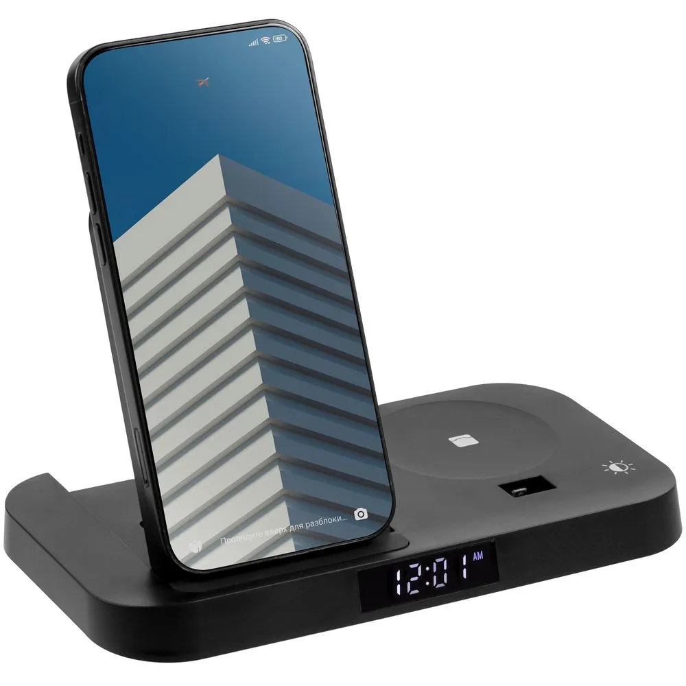 Зарядная станция с часами Clock Nest, черная заказать онлайн с вашим дизайном на заказ в Москве и области