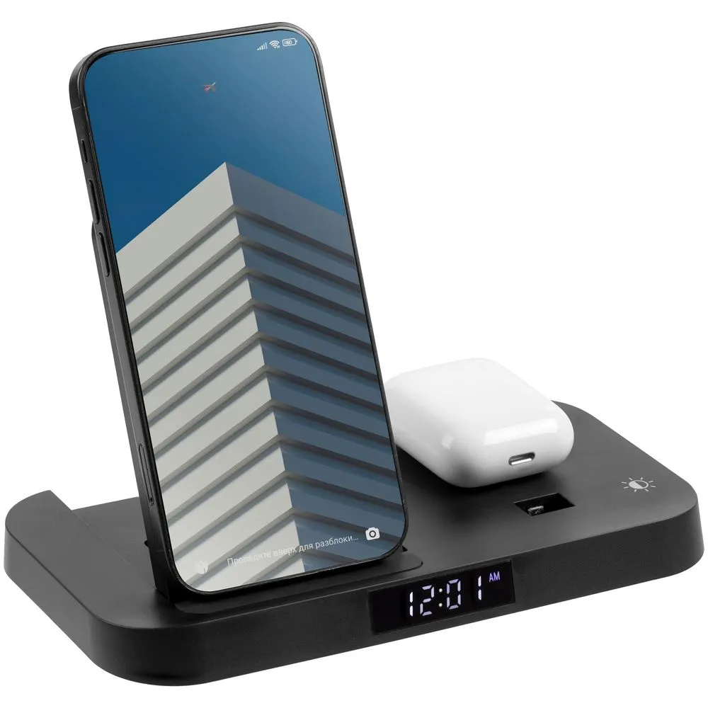 Зарядная станция с часами Clock Nest, черная заказать онлайн с вашим дизайном на заказ в Москве и области