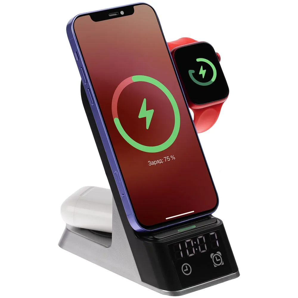 Зарядная станция с часами E-Store для смартфона, часов и наушников, черная заказать онлайн с вашим дизайном на заказ в Москве и области
