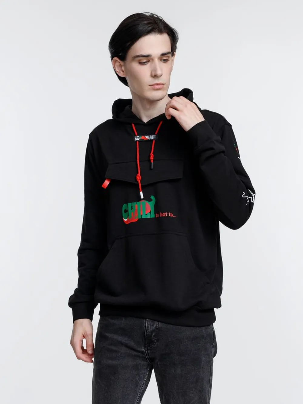 Худи унисекс с карманом на груди Chest Pocket, черное, размер XS/S заказать онлайн с вашим дизайном на заказ в Москве и области