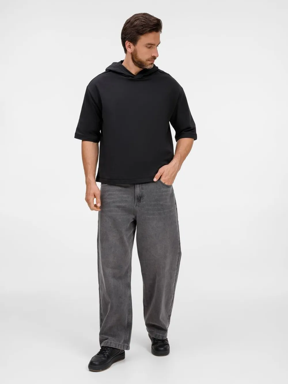 Футболка оверсайз унисекс с капюшоном Neofit, черная заказать онлайн с вашим дизайном на заказ в Москве и области