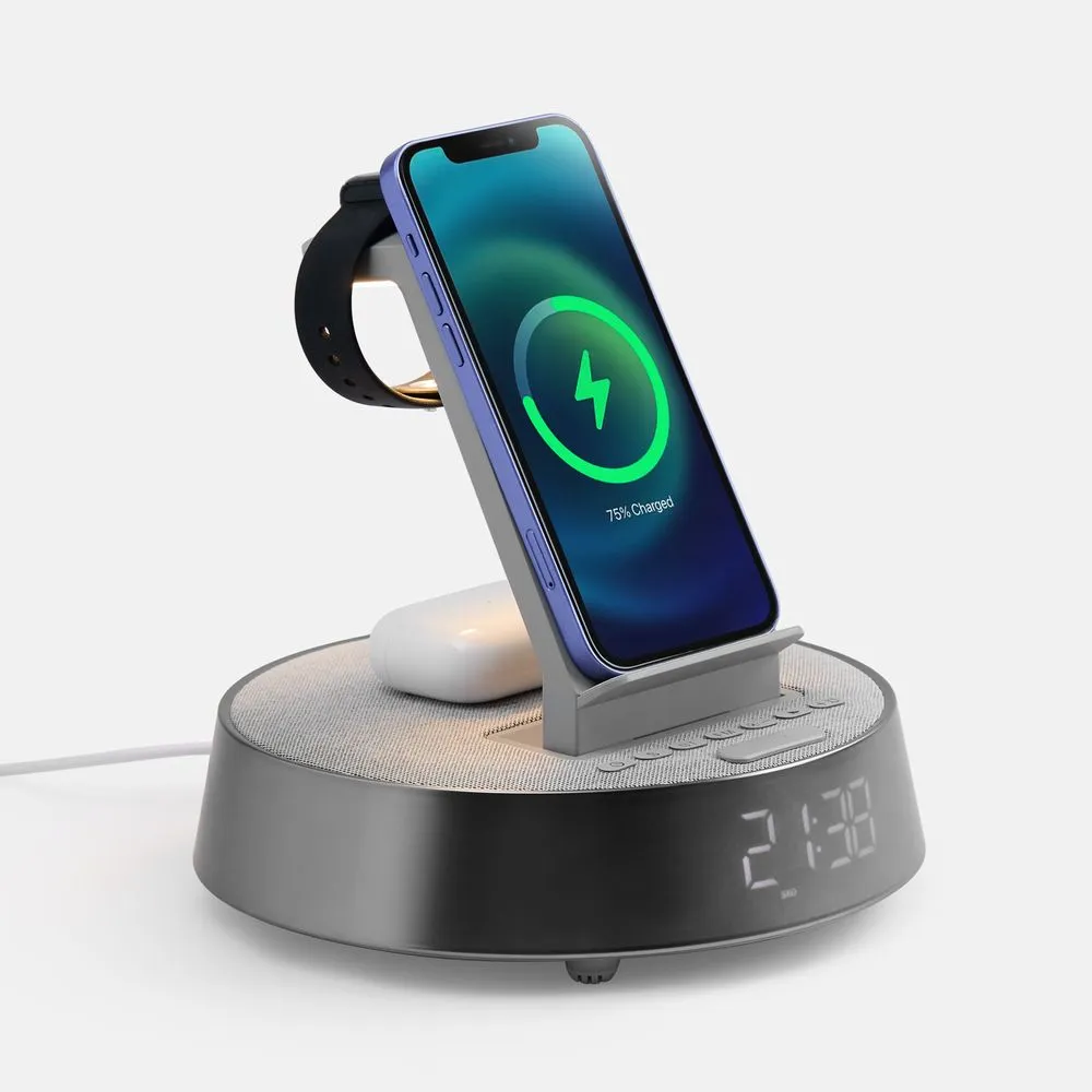 Bluetooth-колонка с беспроводной зарядкой и часами netEnergy, серая заказать онлайн с вашим дизайном на заказ в Москве и области