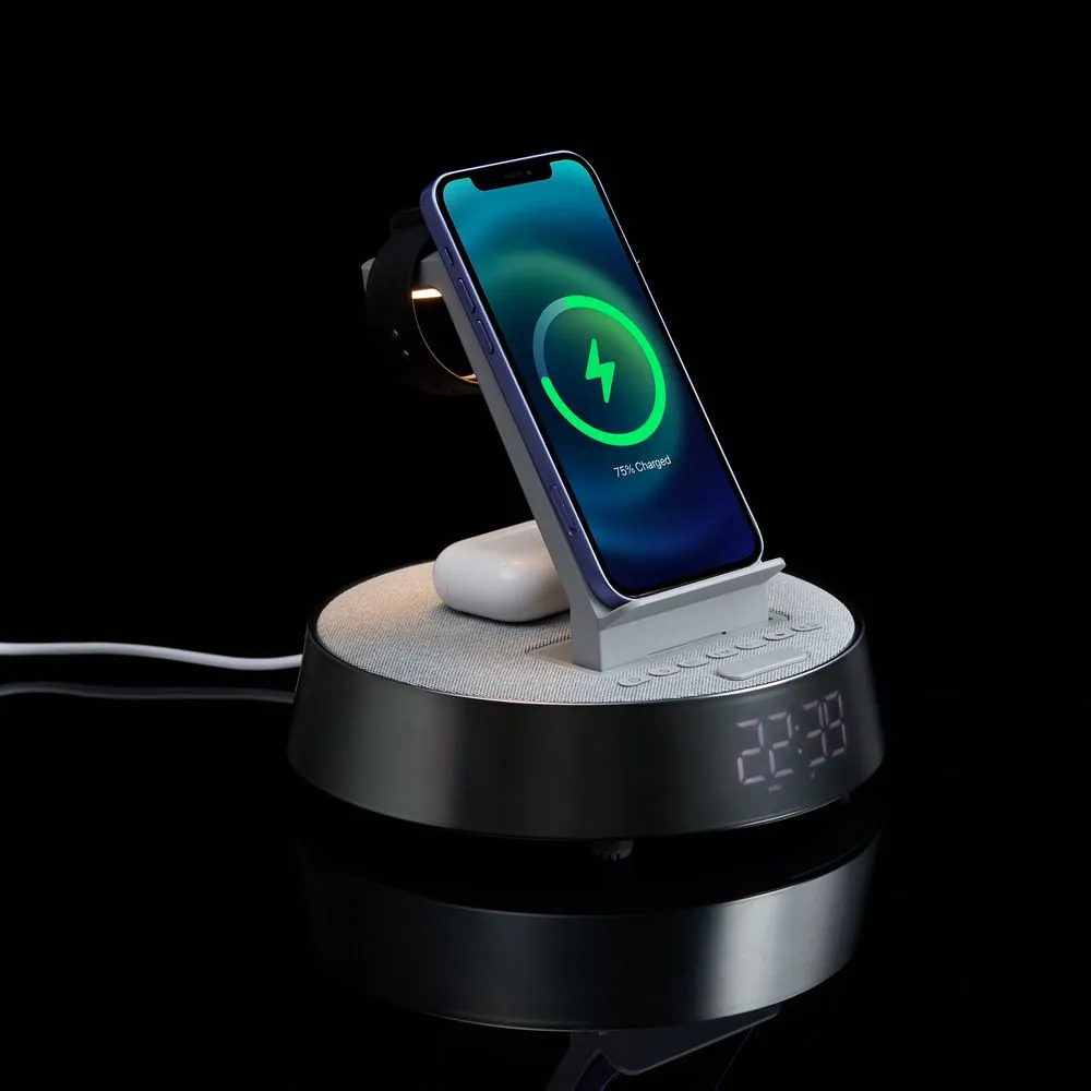 Bluetooth-колонка с беспроводной зарядкой и часами netEnergy, серая заказать онлайн с вашим дизайном на заказ в Москве и области