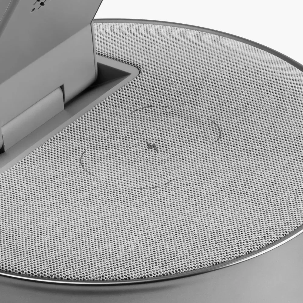 Bluetooth-колонка с беспроводной зарядкой и часами netEnergy, серая заказать онлайн с вашим дизайном на заказ в Москве и области