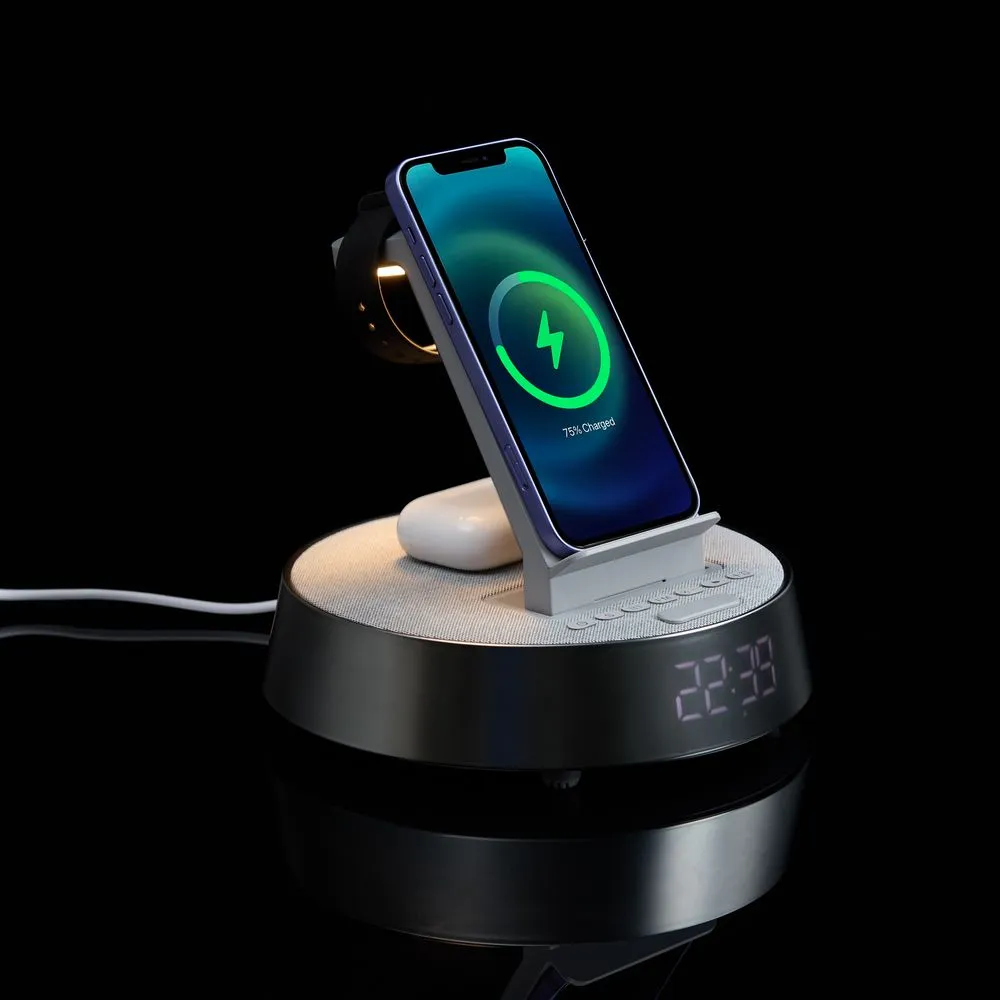 Bluetooth-колонка с беспроводной зарядкой и часами netEnergy, серая заказать онлайн с вашим дизайном на заказ в Москве и области