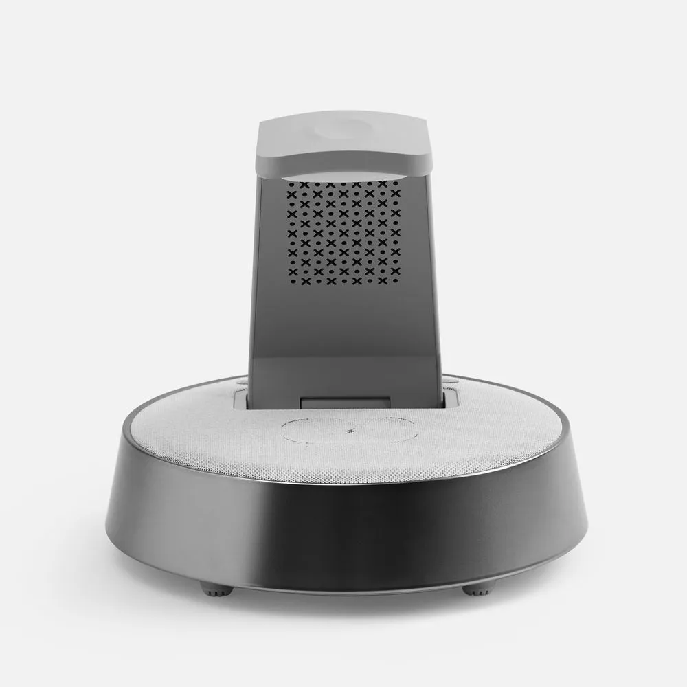Bluetooth-колонка с беспроводной зарядкой и часами netEnergy, серая заказать онлайн с вашим дизайном на заказ в Москве и области