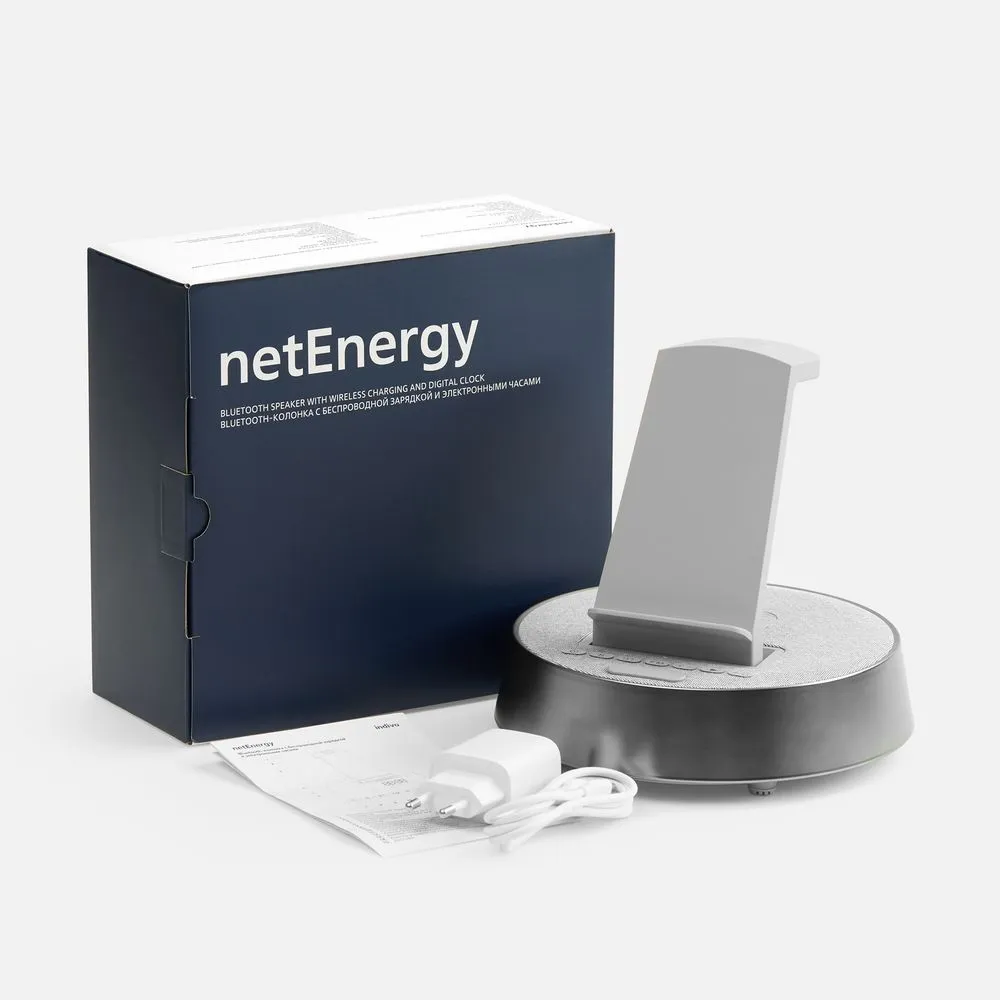Bluetooth-колонка с беспроводной зарядкой и часами netEnergy, серая заказать онлайн с вашим дизайном на заказ в Москве и области
