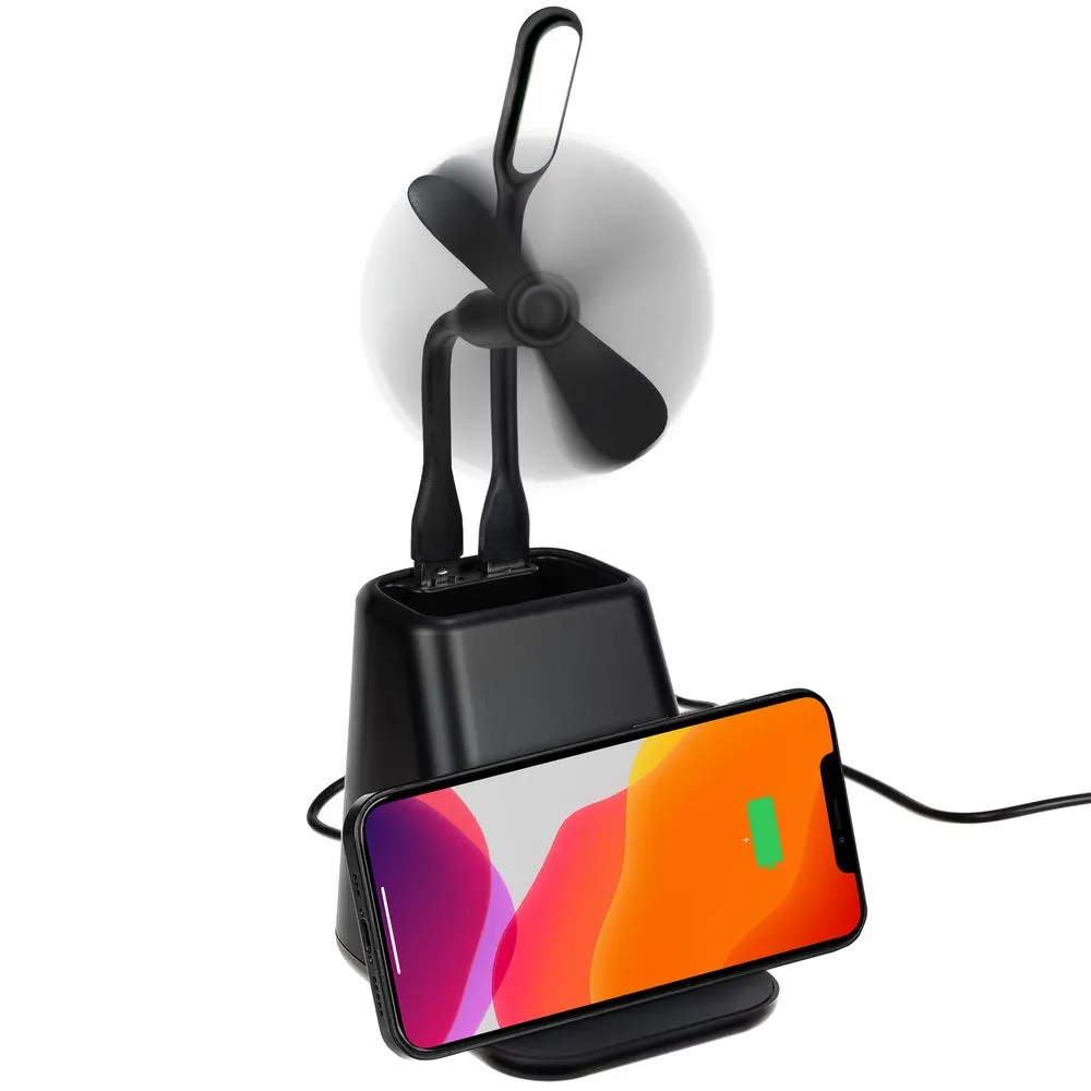 Настольный органайзер с зарядкой, лампой, вентилятором и подсветкой логотипа powerTower, черный заказать онлайн с вашим дизайном на заказ в Москве и области