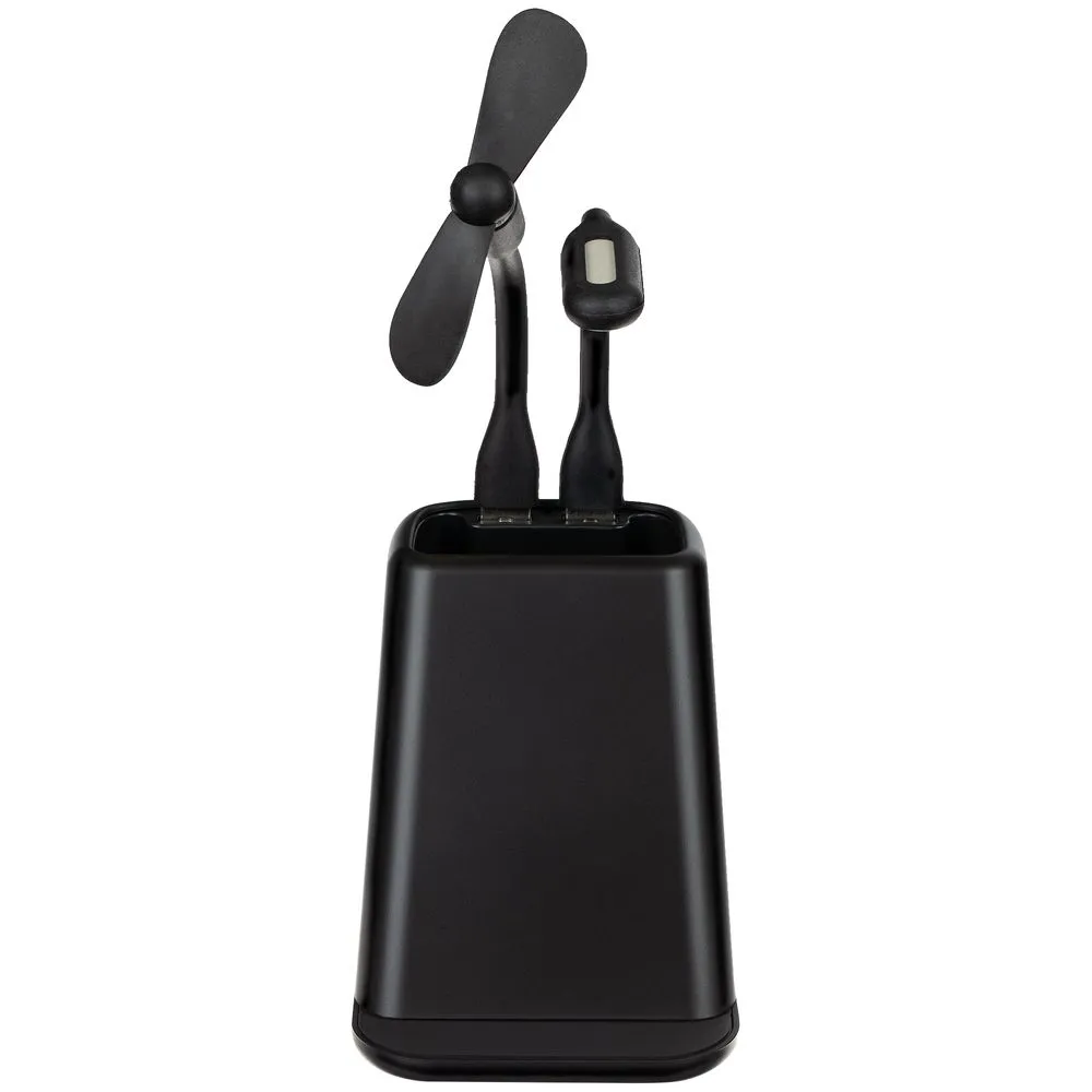 Настольный органайзер с зарядкой, лампой, вентилятором и подсветкой логотипа powerTower, черный заказать онлайн с вашим дизайном на заказ в Москве и области