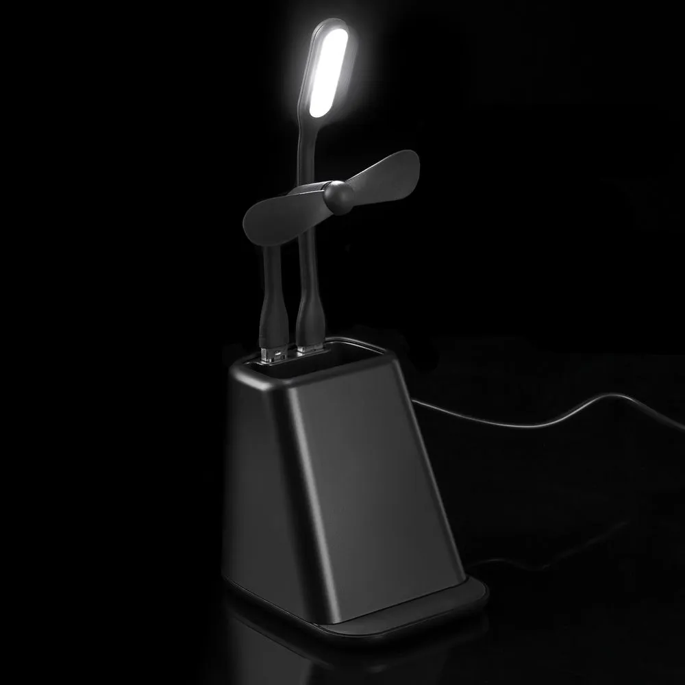 Настольный органайзер с зарядкой, лампой, вентилятором и подсветкой логотипа powerTower, черный заказать онлайн с вашим дизайном на заказ в Москве и области