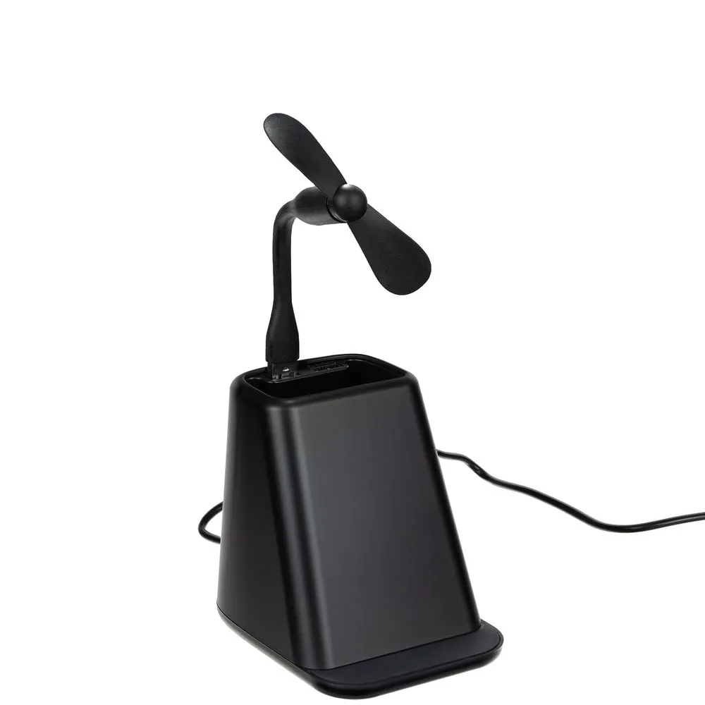 Настольный органайзер с зарядкой, лампой, вентилятором и подсветкой логотипа powerTower, черный заказать онлайн с вашим дизайном на заказ в Москве и области