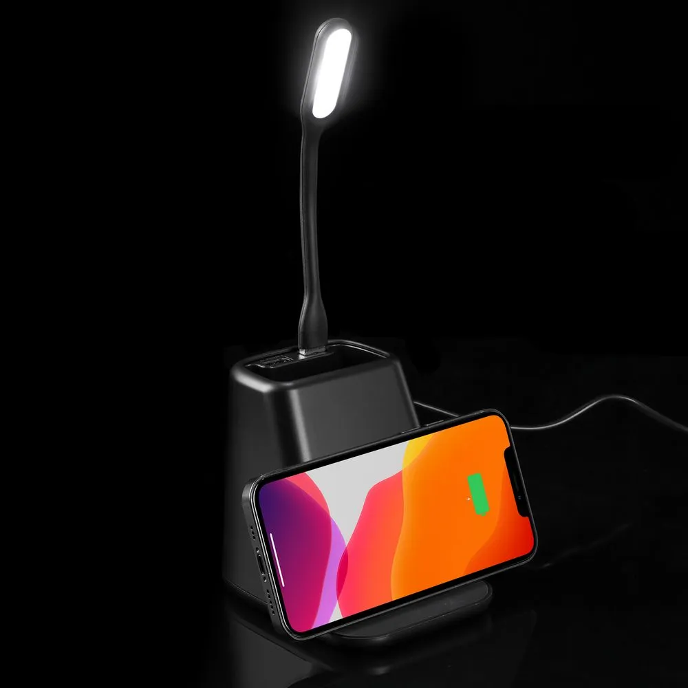 Настольный органайзер с зарядкой, лампой, вентилятором и подсветкой логотипа powerTower, черный заказать онлайн с вашим дизайном на заказ в Москве и области