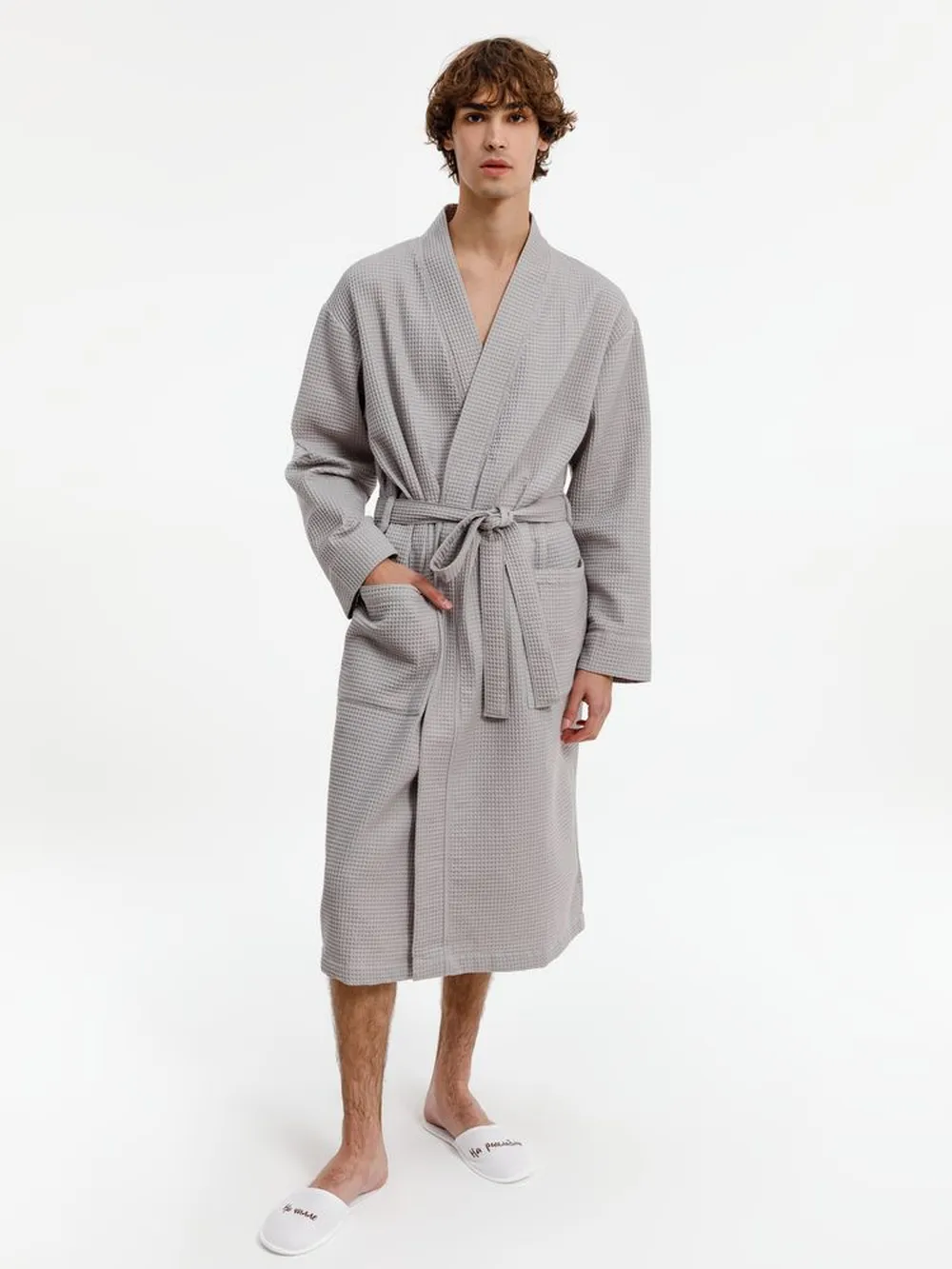 Халат вафельный Kimono, светло-серый заказать онлайн с вашим дизайном на заказ в Москве и области