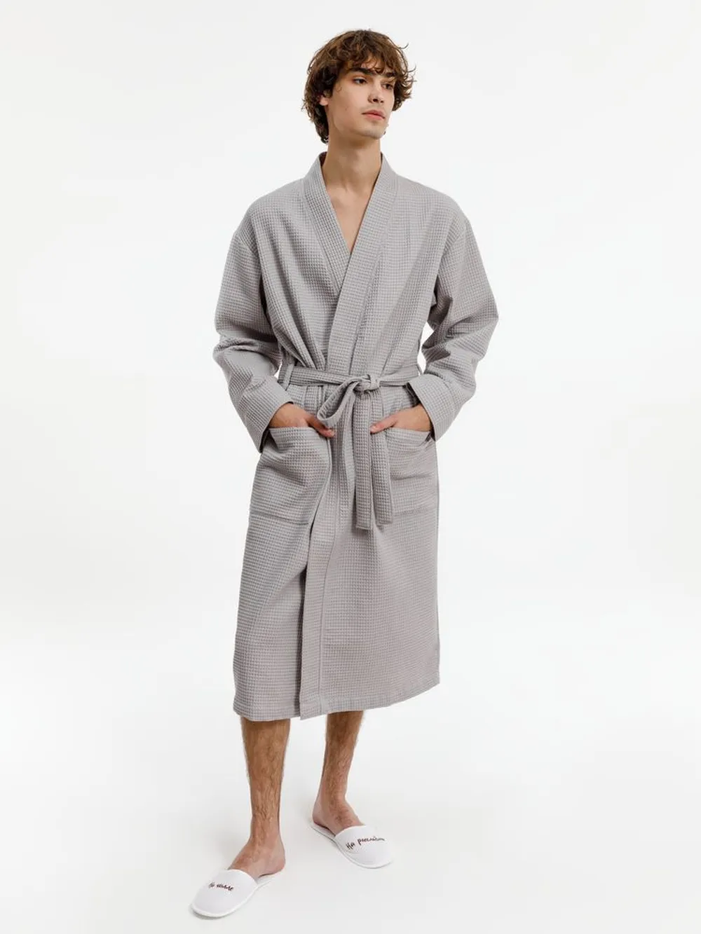 Халат вафельный Kimono, светло-серый заказать онлайн с вашим дизайном на заказ в Москве и области