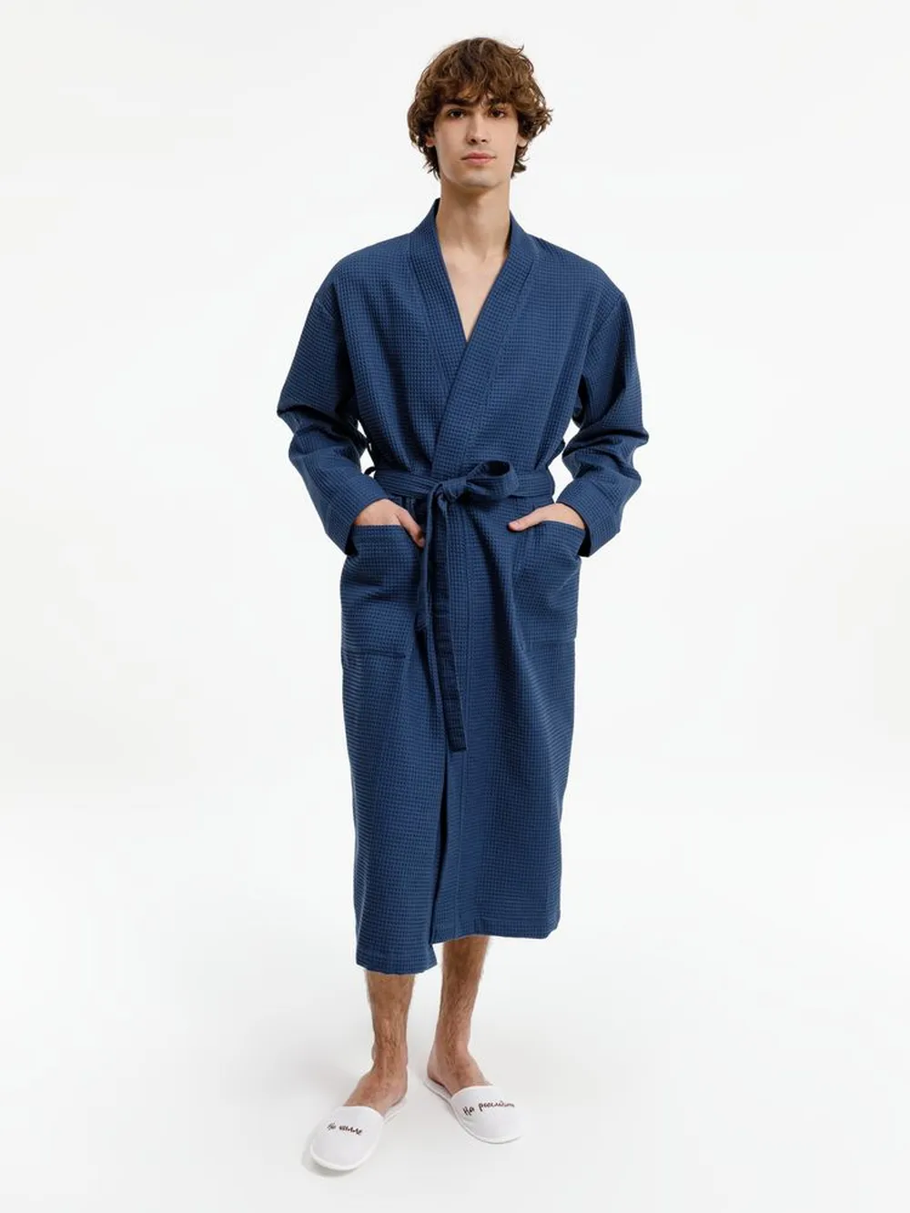 Халат вафельный Kimono, темно-синий, размер XL/XXL заказать онлайн с вашим дизайном на заказ в Москве и области