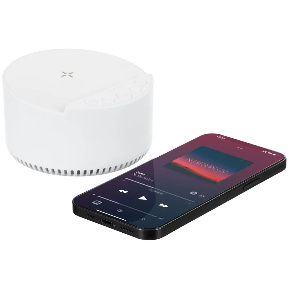 Bluetooth-колонка с беспроводной зарядкой relaxTime, белая заказать онлайн с вашим дизайном на заказ в Москве и области