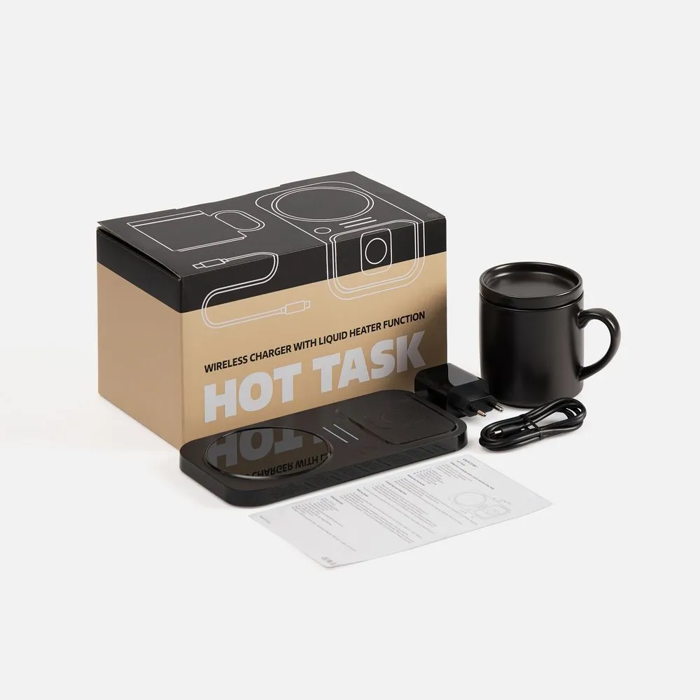 Беспроводное зарядное устройство с подогревом кружки Hot Task, черное заказать онлайн с вашим дизайном на заказ в Москве и области