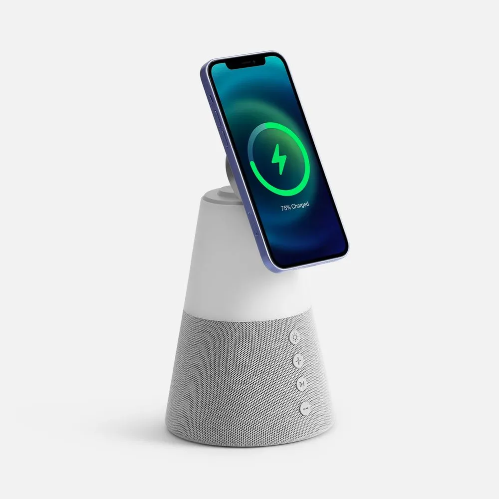 Bluetooth-колонка с беспроводной зарядкой и подсветкой Cone Sonance, серая заказать онлайн с вашим дизайном на заказ в Москве и области