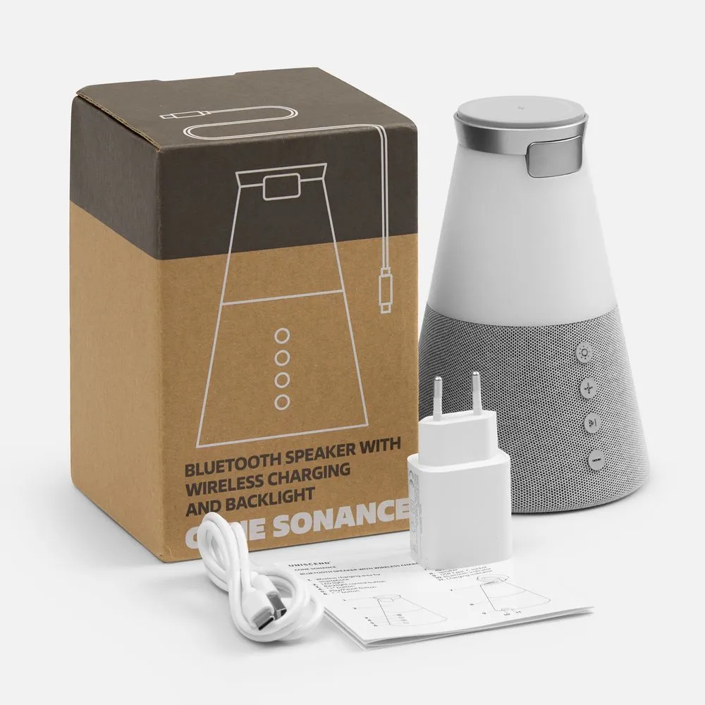 Bluetooth-колонка с беспроводной зарядкой и подсветкой Cone Sonance, серая заказать онлайн с вашим дизайном на заказ в Москве и области