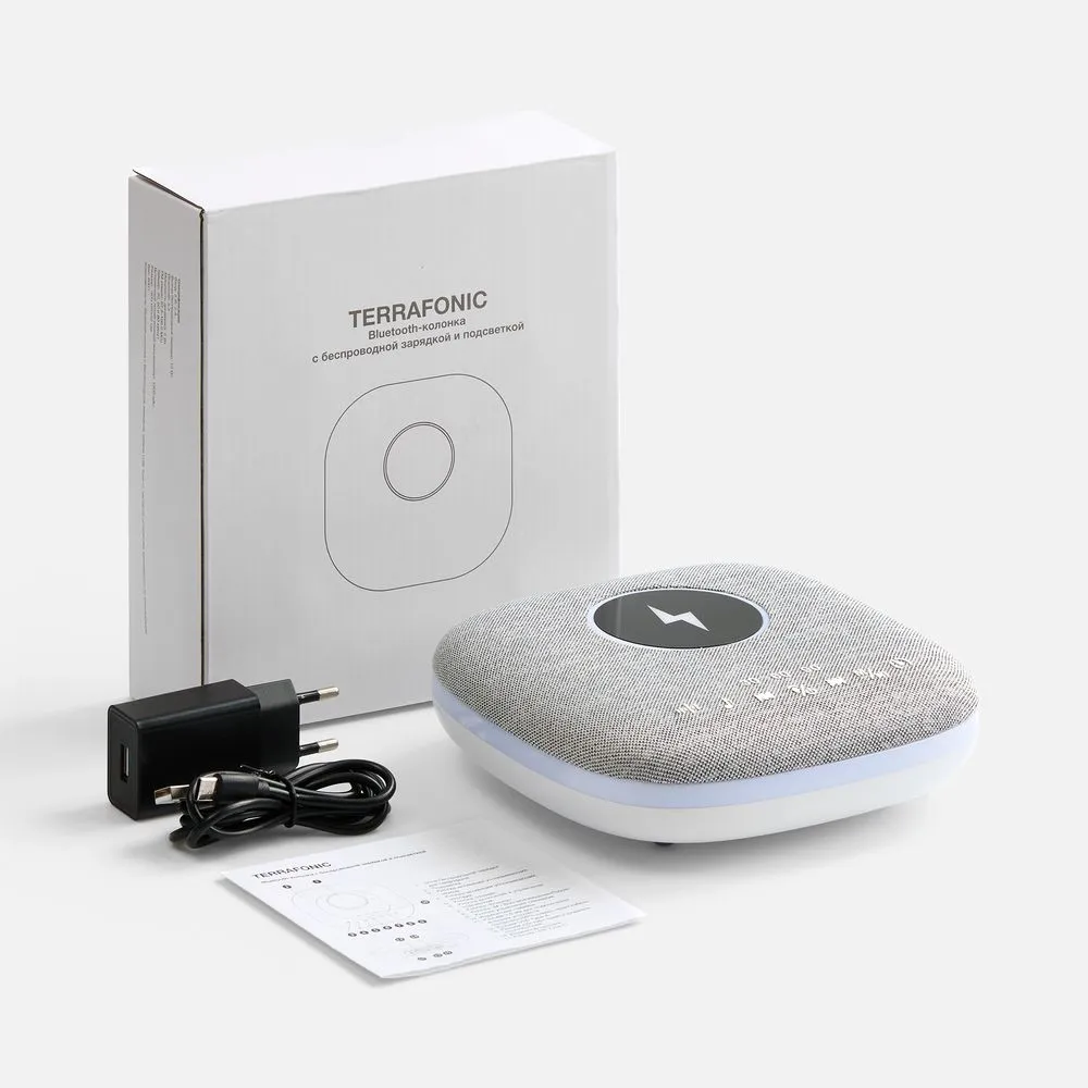 Bluetooth-колонка с беспроводной зарядкой и подсветкой Terrafonic, серая заказать онлайн с вашим дизайном на заказ в Москве и области