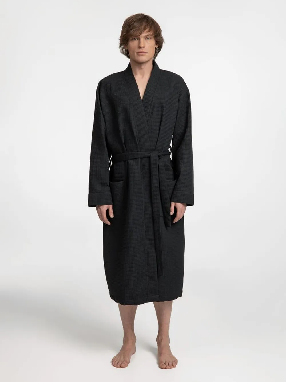 Халат вафельный Kimono, черный заказать онлайн с вашим дизайном на заказ в Москве и области