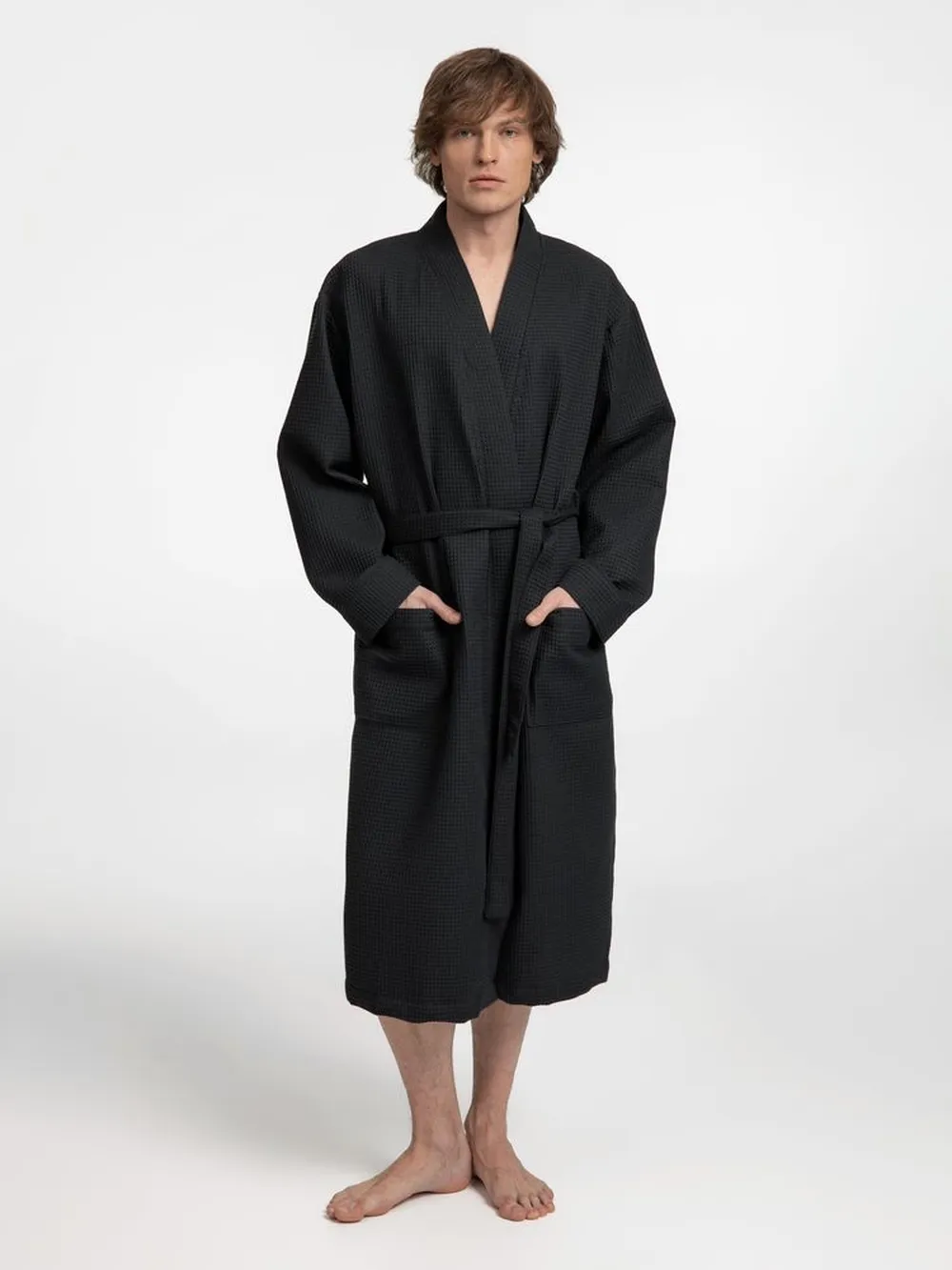 Халат вафельный Kimono, черный, размер XL/XXL заказать онлайн с вашим дизайном на заказ в Москве и области