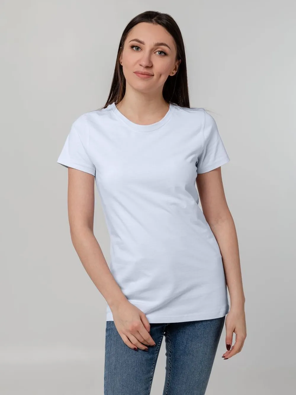 Футболка женская T-bolka Stretch Lady, белая (холодный оттенок) заказать онлайн с вашим дизайном на заказ в Москве и области