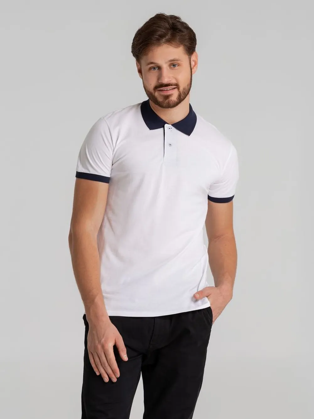 Рубашка поло Prince 190, белая с темно-синим заказать онлайн с вашим дизайном на заказ в Москве и области