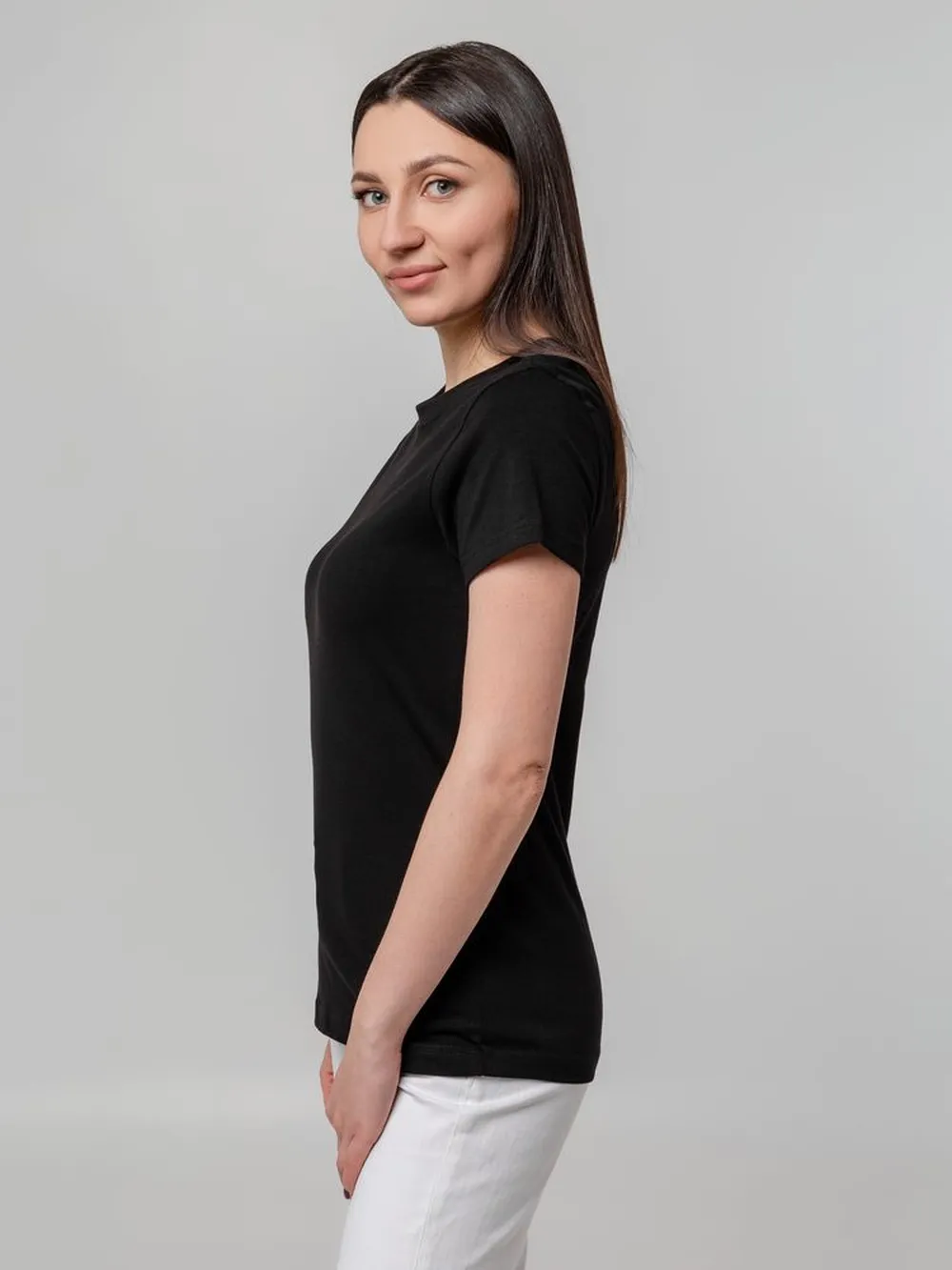 Футболка женская T-bolka Stretch Lady, черная, размер M заказать онлайн с вашим дизайном на заказ в Москве и области