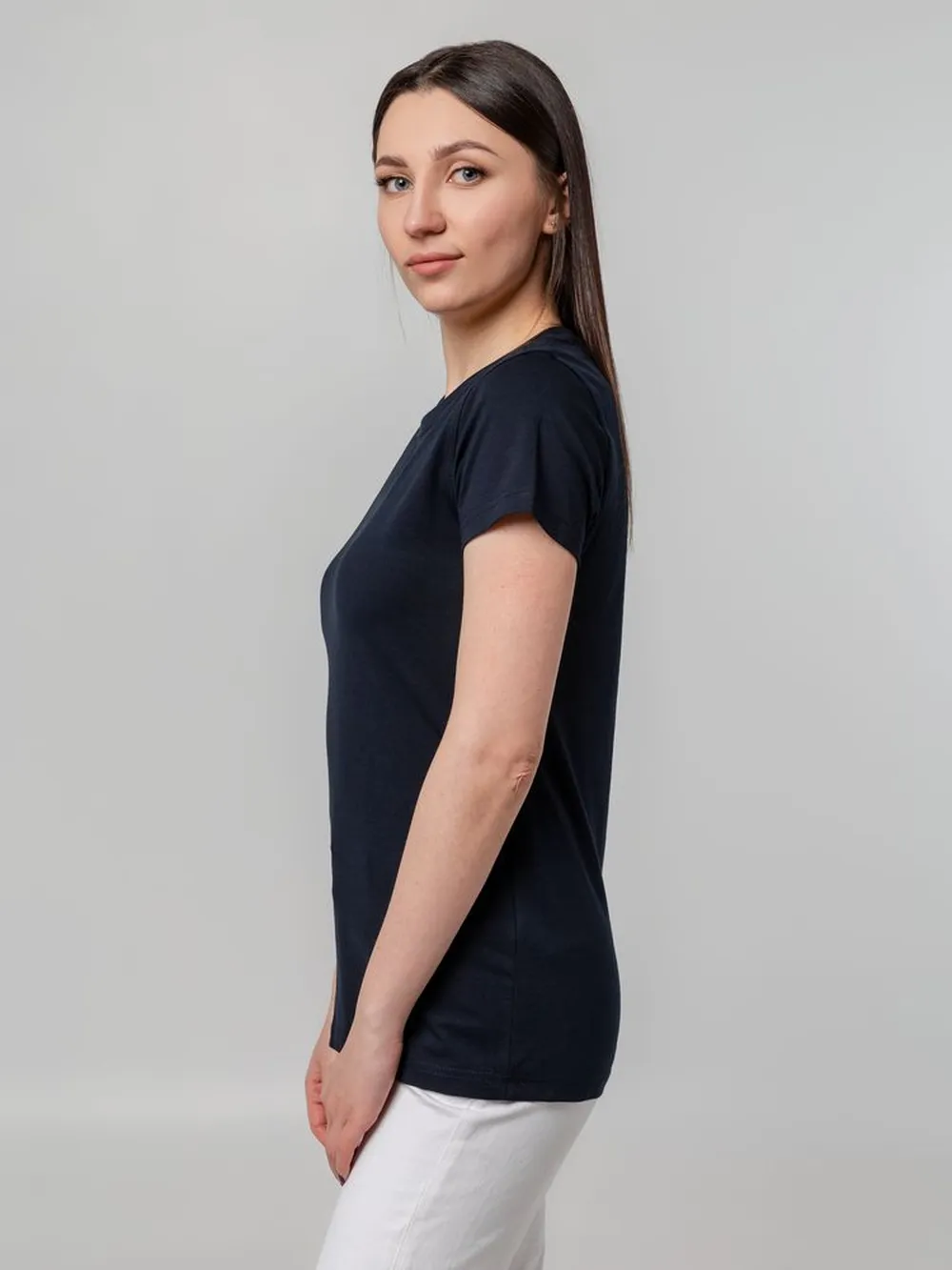 Футболка женская T-bolka Stretch Lady, темно-синяя (navy), размер XL заказать онлайн с вашим дизайном на заказ в Москве и области