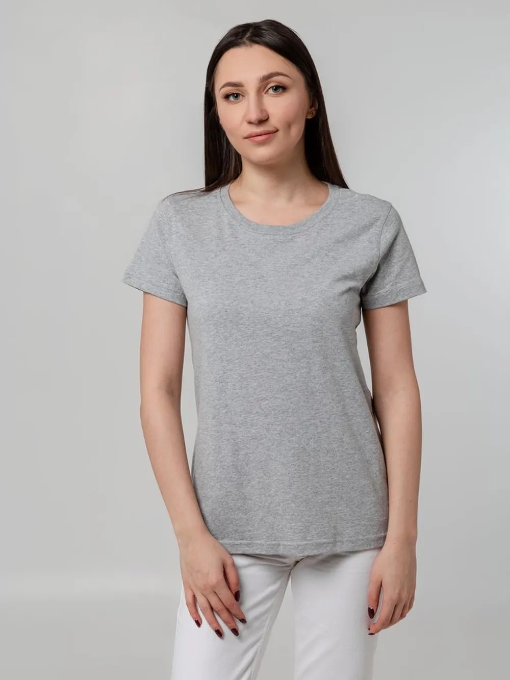 Футболка женская T-bolka Stretch Lady, серый меланж, размер S заказать онлайн с вашим дизайном на заказ в Москве и области