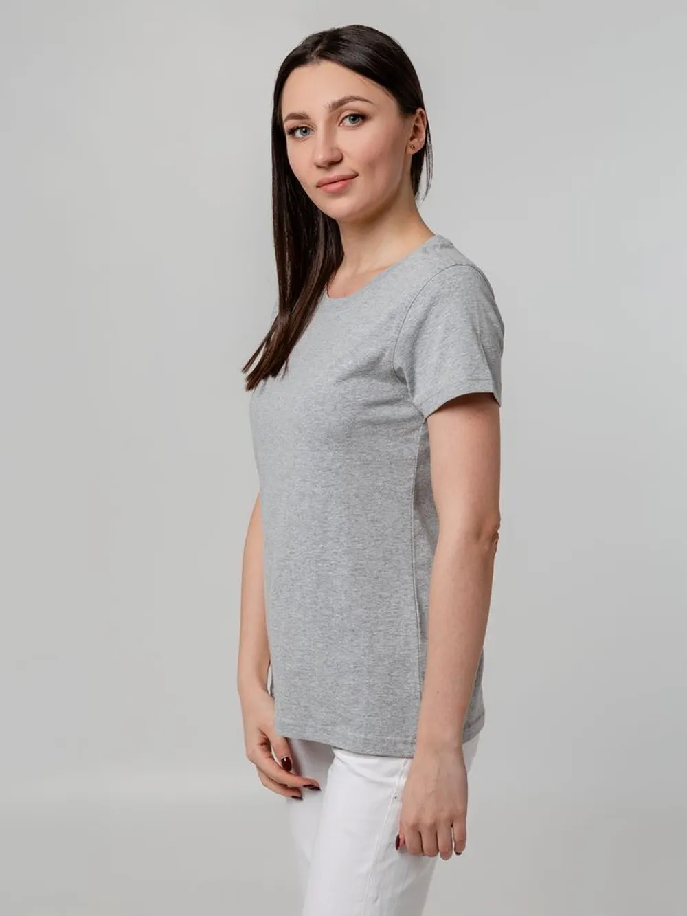 Футболка женская T-bolka Stretch Lady, серый меланж, размер M заказать онлайн с вашим дизайном на заказ в Москве и области