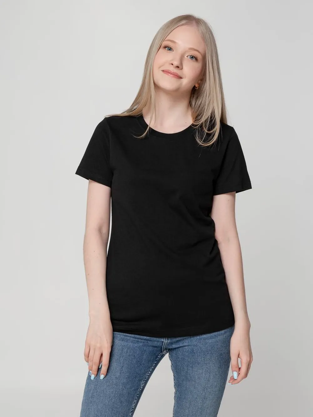 Футболка женская T-bolka Lady, черная, размер M заказать онлайн с вашим дизайном на заказ в Москве и области