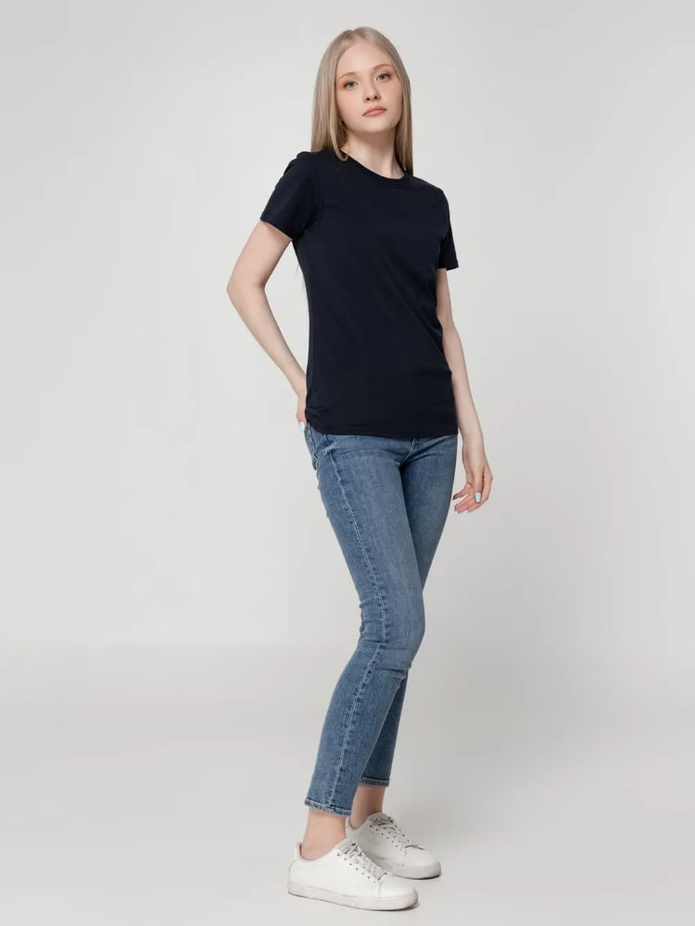 Футболка женская T-bolka Lady темно-синяя, размер XL заказать онлайн с вашим дизайном на заказ в Москве и области