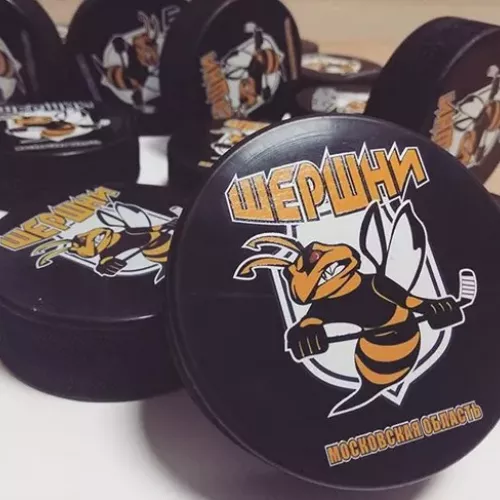 Шайбы с печатью логотипа для ХК «Шершни», г. Королёв и для вас на заказ в Москве, области, да где угодно!