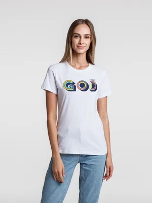 Футболка женская «Новый GOD», белая заказать онлайн со своим дизайном в РПК КБ с доставкой и скидками